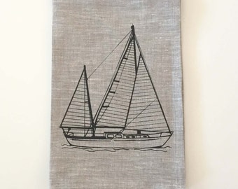 Kitchen Towel - Sailboat Linen Tea Towel - Choose your fabric and ink color