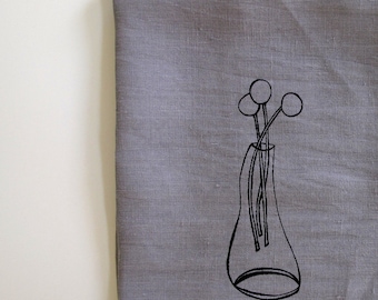 Linen Tea Towel - Vase with Flowers design - Choose your fabric and ink color