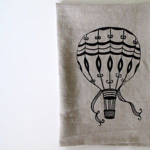 Linen Tea Towel Vintage Hot Air Balloon design Choose your fabric and ink color image 1