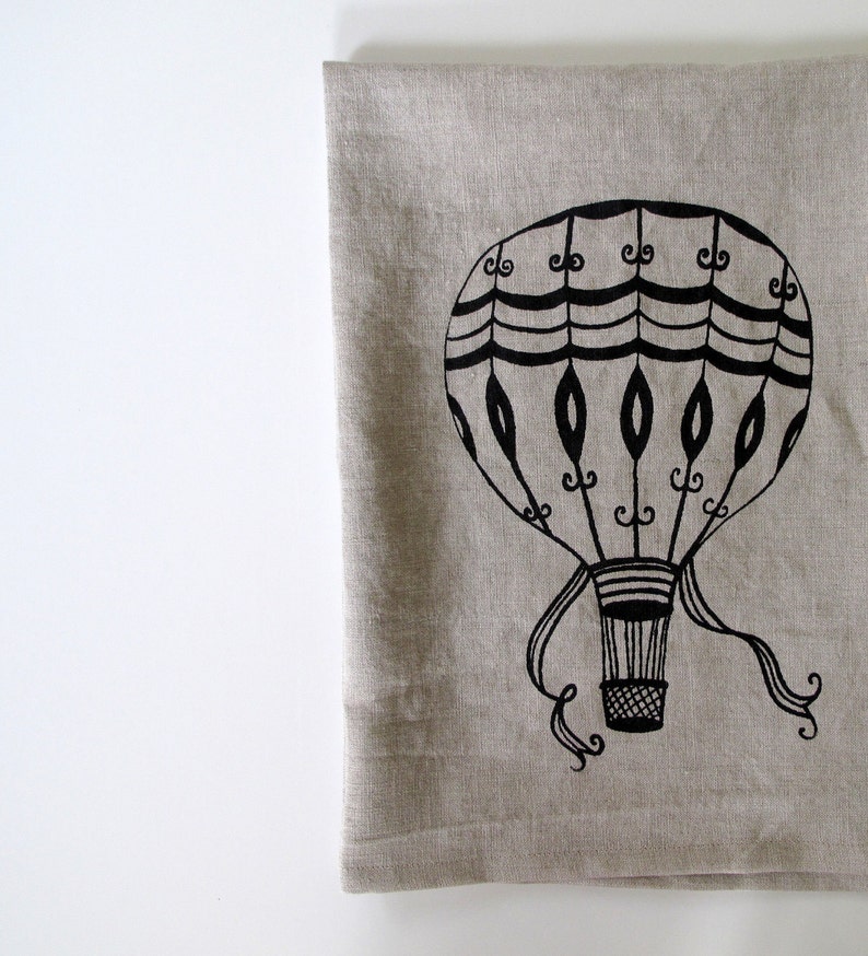 Linen Tea Towel Vintage Hot Air Balloon design Choose your fabric and ink color image 1