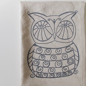 Linen Tea Towel - Owl Kitchen Towel - Choose your fabric and ink color