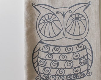 Linen Tea Towel - Owl Kitchen Towel - Choose your fabric and ink color