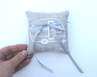 Ring Bearer Pillow, Wedding decor, Vintage Trailer Camper pillow, 4 x 4 inches - Choose your fabric and ink color