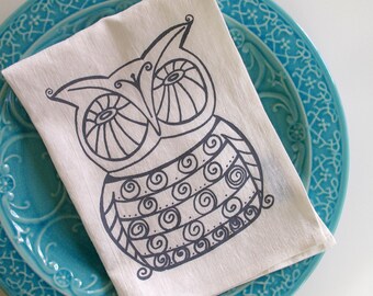 Linen Tea Towel - Owl Kitchen Towel - Choose your fabric and ink color