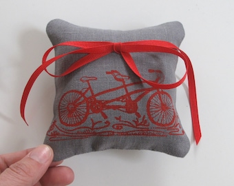 Tandem Bicycle Wedding Ring Bearer Pillow 4 x 4 inches - Choose your fabric and ink color