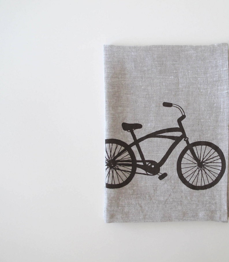 Linen Tea Towel Cruiser Bike Choose your fabric and ink color image 1