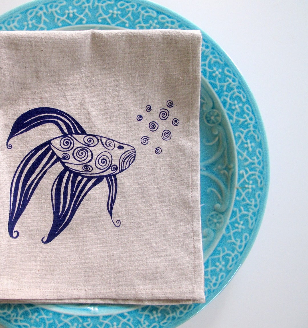Cotton Kitchen Towel Fish Kitchen Towel Choose Your Ink Etsy