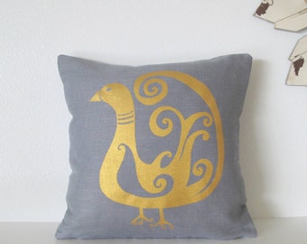 Pillow Cover - Cushion Cover - Bird in Gold on Gray Linen - 12 x 12  inches - Accent Pillow