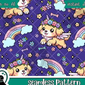 May include: Seamless pattern featuring cartoon dogs with unicorn horns, wings, and flower crowns, alongside rainbows, stars, and flowers on a dark purple background. The text "hand drawn - no AI" and "instant download" are visible. The design is labeled "seamless Pattern" and "high quality 300 dpi.png".