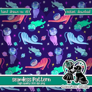 Puede incluir: Patrón sin costuras con gatos de dibujos animados con cascos espaciales, planetas y estrellas sobre un fondo azul oscuro. El texto "hand drawn-no AI" e "instant download" son visibles. También están las palabras "seamless Pattern" y "high quality 300 dpi .png".