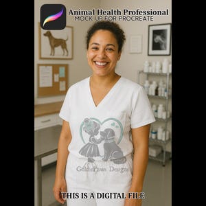 May include: A woman in a white v-neck scrub top featuring a graphic of a girl and dog within a heart. The text "Animal Health Professional MOCK UP FOR PROCREATE" and "GoldiePaws Designs" are visible. The bottom of the image reads "THIS IS A DIGITAL FILE."