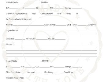 May include: A white Intravenous Hydration & Vitamin Injection Charting Form with spaces for patient details. The form includes sections for initial and post vitals, skin condition, and RN/Provider signature. Floral accents are at the bottom.