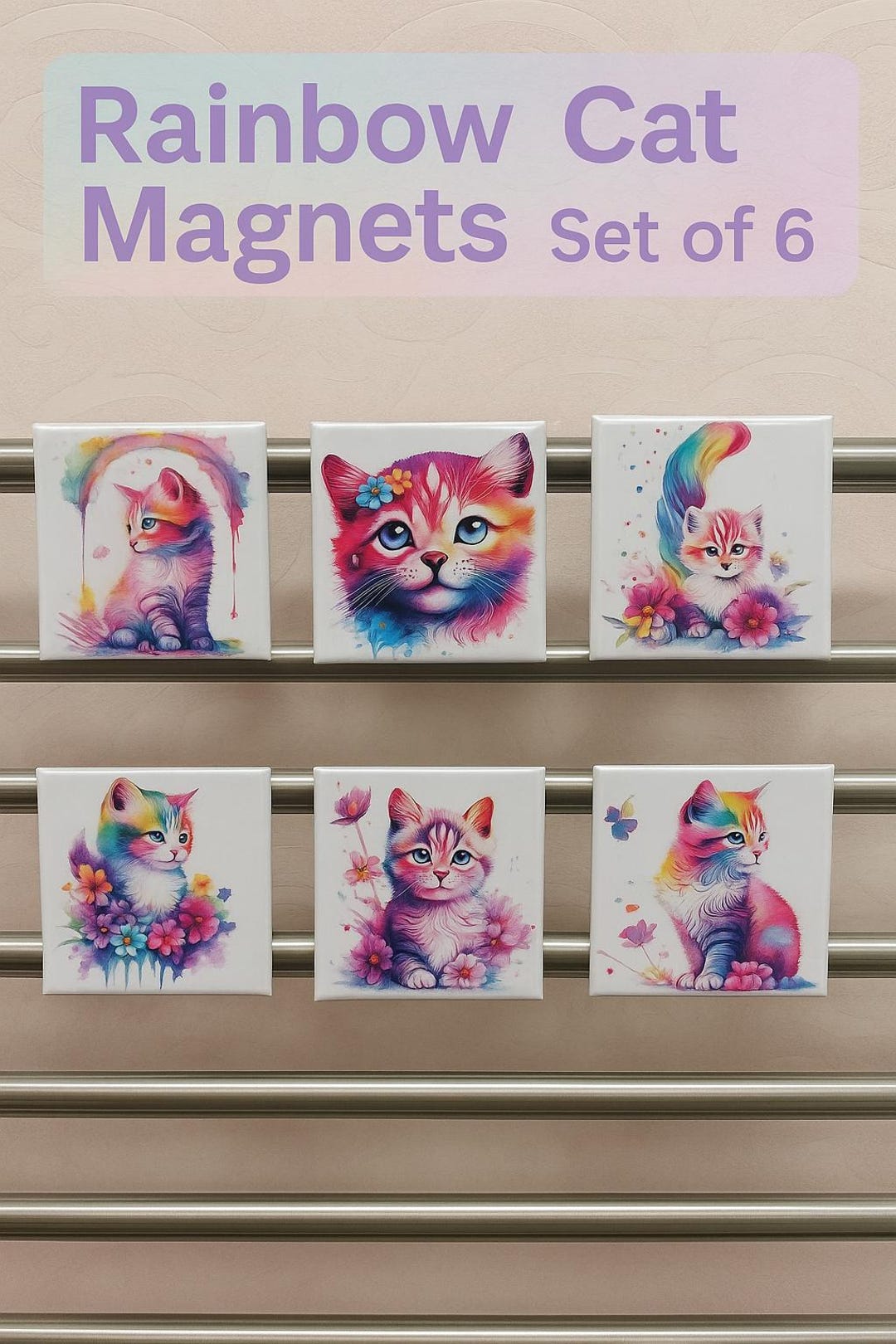 Rainbow Watercolor Cat Magnets – Set of 6 | 2x2 Magnets | Lisa Frank ...