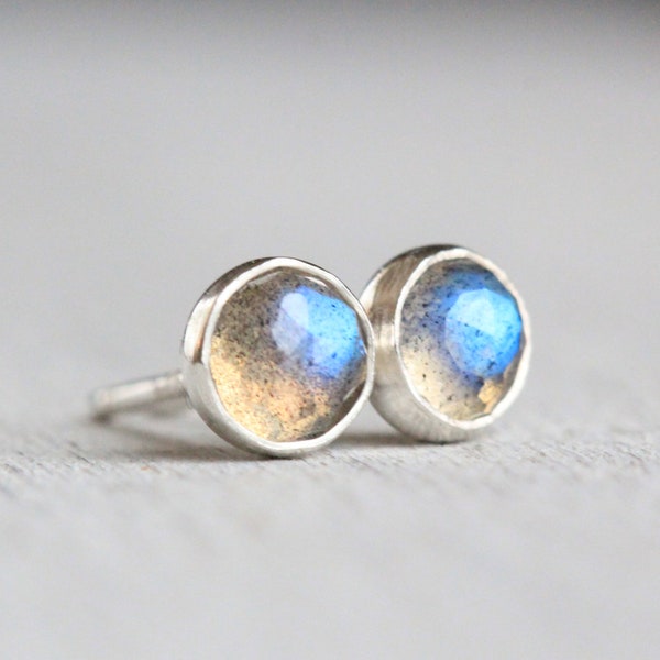 Rose Cut Labradorite Stud Earrings, Post Earrings, Sterling Silver and 4mm Stones