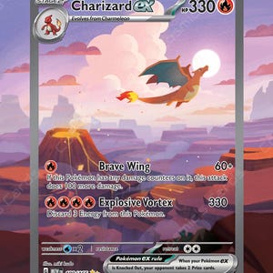 May include: Charizard EX Pokemon card, a stage 2 card that evolves from Charmeleon. The card is red, orange, and yellow with a picture of Charizard flying in the air. The card has a HP of 330 and two attacks: Brave Wing and Explosive Vortex. The card also has a Pokemon EX rule.