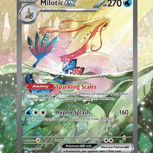 Könnte beinhalten: Eine blaue und rosa Pokémon-Karte mit Milotice EX, einem Wasser-Pokémon mit 270 KP. Die Karte hat eine Fähigkeit namens Funkelnde Schuppen und eine Attacke namens Hypno-Spritzer. Die Karte stammt aus der Erweiterung Schwert & Schild.