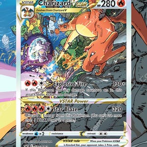 Könnte beinhalten: Charizard VSTAR Pokémon-Karte mit einer roten und orangefarbenen Illustration von Charizard. Die Karte hat einen goldenen Rand und den Text "VSTAR Power" und "Star Blaze".