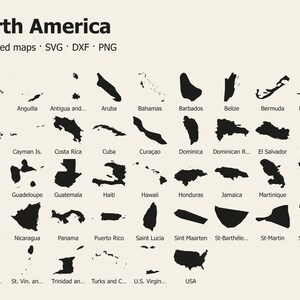 Puede incluir: Una colección de 42 mapas de siluetas negras de países y territorios de América del Norte dispuestos en una cuadrícula. El texto superior dice North America 42 layered maps SVG DXF PNG, con etiquetas individuales para cada región.