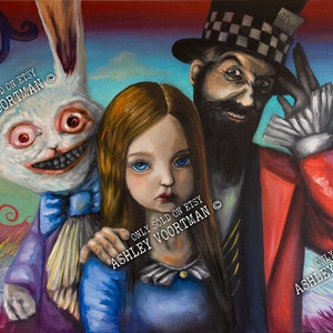 May include: A painting of Alice from Alice in Wonderland with the Mad Hatter and the White Rabbit. Alice is wearing a blue dress and has long brown hair. The Mad Hatter is wearing a red jacket and a black and white checkered hat. The White Rabbit is white with red eyes and a blue bow tie. The background is a colorful landscape with swirling patterns.