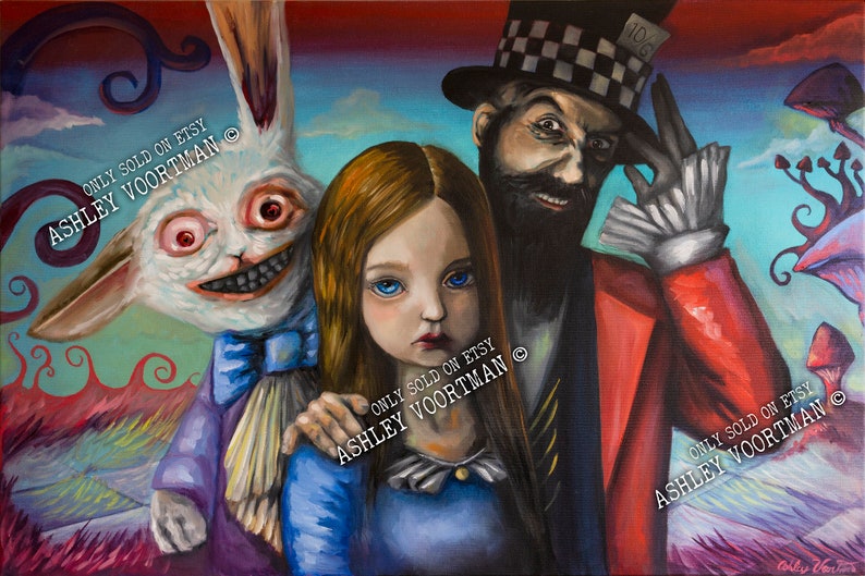 May include: A painting of Alice from Alice in Wonderland with the Mad Hatter and the White Rabbit. Alice is wearing a blue dress and has long brown hair. The Mad Hatter is wearing a red jacket and a black and white checkered hat. The White Rabbit is white with red eyes and a blue bow tie. The background is a colorful landscape with swirling patterns.