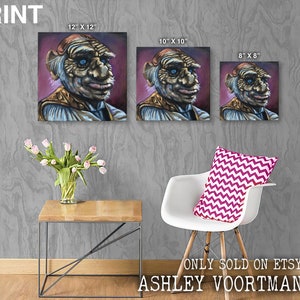 May include: A digital print of a painting of a creature with blue eyes and a purple background. The print is available in three sizes: 12 inches by 12 inches, 10 inches by 10 inches, and 8 inches by 8 inches.