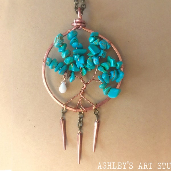 Tree Necklace - Turquoise necklace - Wire Wrapped Tree - Beaded Tree - Hand Made