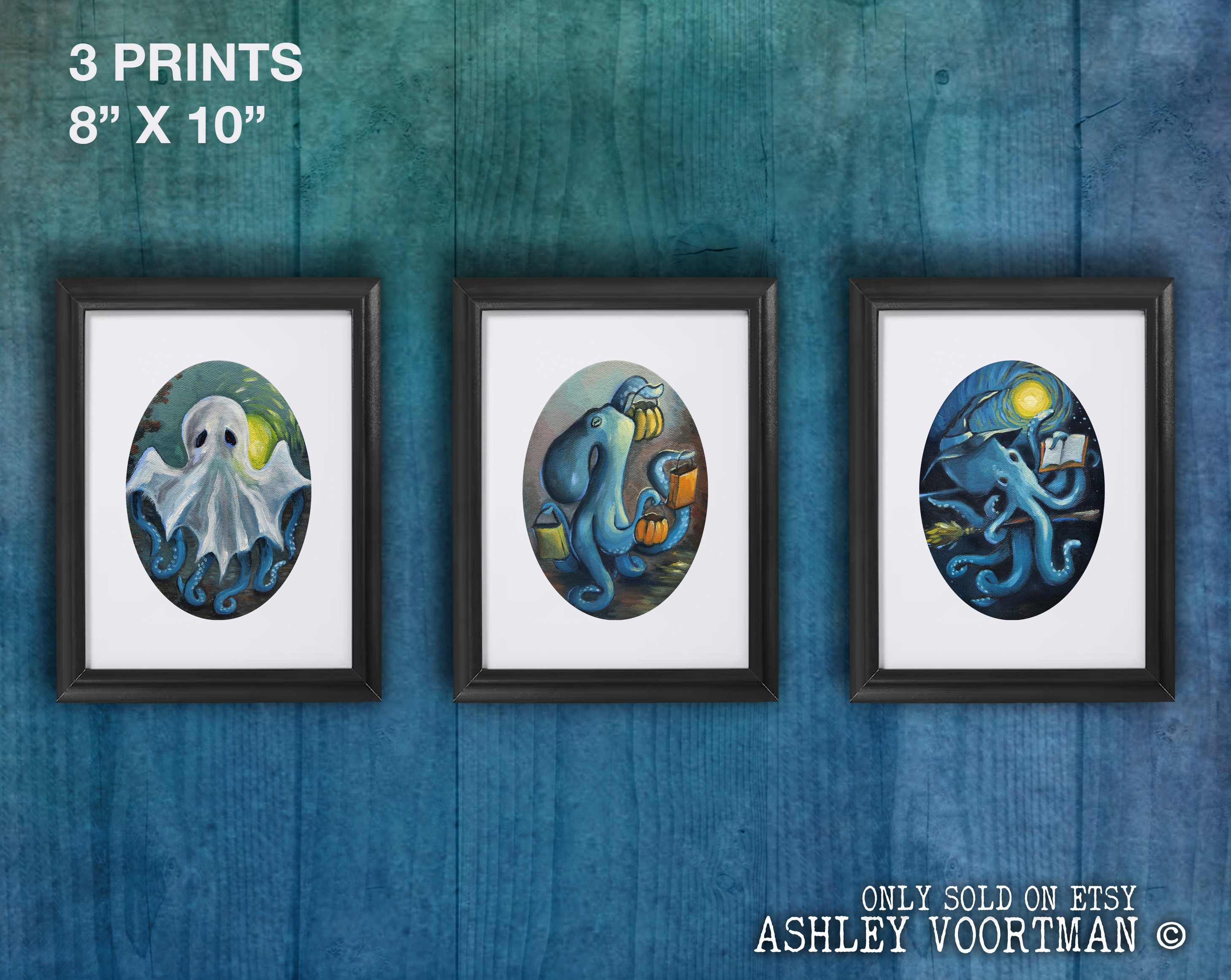 PRINT Set of 3 Halloween Octopuses  - Signed Fine Art Print