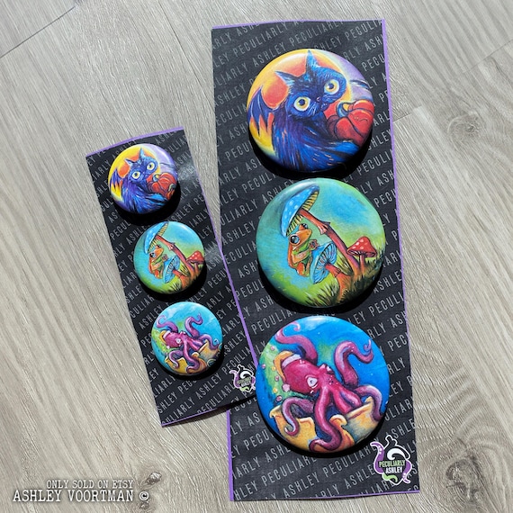 3 Pins Halloween, Christmas and Mushroom Frog Creatures Button Pin