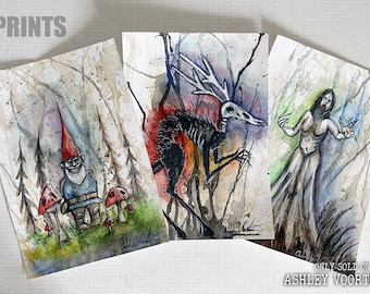Matte PRINTS Set of 3 Scary Creatures Watercolor - 9" X 6.25