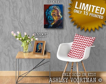 May include: A colorful painting of Albert Einstein with his tongue sticking out. The painting is framed and measures 11 inches by 14 inches. The text "LIMITED ONLY 15 PRINTED" is displayed on a gold starburst.