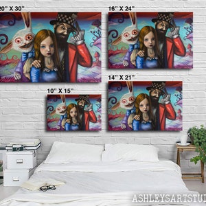 May include: A digital painting of a white rabbit, a girl with long brown hair, and a man wearing a top hat and red jacket. The painting is set in a whimsical landscape with colorful flowers and mushrooms. The painting is available in various sizes, including 20x30 inches, 16x24 inches, 14x21 inches, and 10x15 inches.