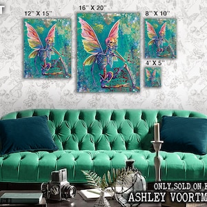 May include: A digital art print of a skeleton with butterfly wings sitting on a book. The background is a teal blue with gold and pink accents. The print is available in various sizes, including 16x20 inches, 12x15 inches, 8x10 inches, and 4x5 inches.