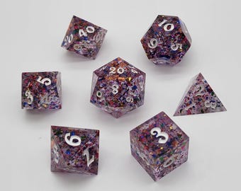Handmade Resin Dice – Celestial Confetti | One-of-a-Kind Sharp Edge RPG Set | Colorful Fantasy Dice
