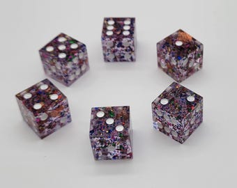 Handmade Resin D6 Dice – Celestial Confetti – Multicolor Foil in Clear Resin – Set of 6