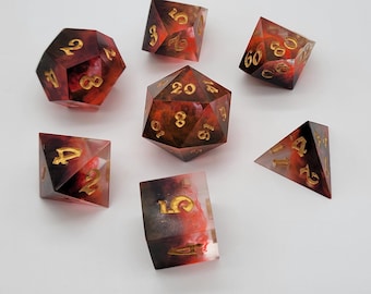 Crimson Omen RPG Set – Handmade Artisan Resin Dice – Crimson Red & Black Petri Pour