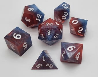 Handmade Resin Dice Set - "Frostfire" - One-of-a-Kind Red and Blue with White Ink