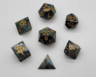 Heart of the Greenwood – Handmade Green & Gold Dice Set | One-of-a-Kind Resin RPG Dice