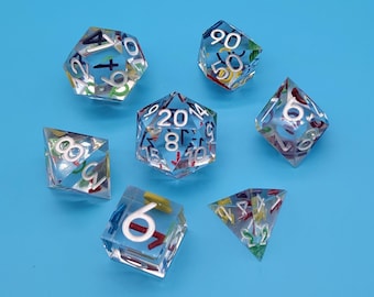 Handmade Resin Dice Set – Clear “Rainbow Refraction” Dual-Inked Dice - Modern Font