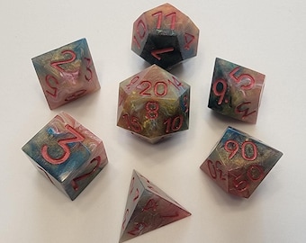 Handmade Resin Dice Set – Marbled Multicolor with Red Ink