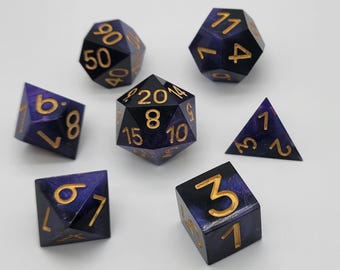 Veil of Midnight | Handmade Sharp Edge RPG Set | Black & Purple Resin Dice with Gold Ink