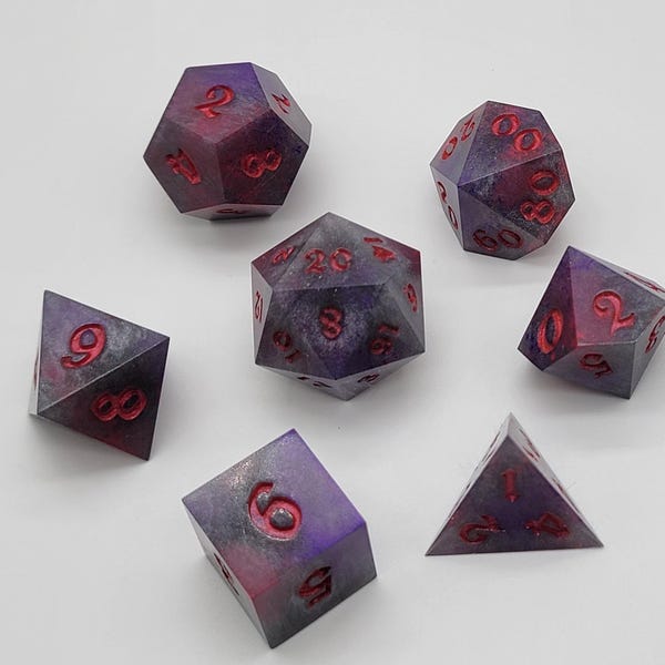 Handmade Resin Dice - "Forged Twilight" Steel Dusted with Red and Purple