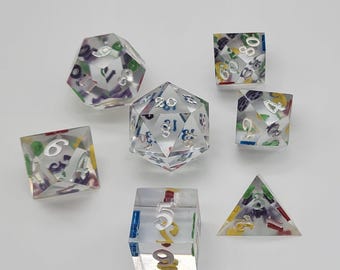 Handmade Resin Dice Set – Clear “Rainbow Refraction” Dual-Inked Dice - Classic Font