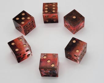 Ember Petri Dice Set – Handmade Artisan Resin D6 – Red & Black with Bronze Pips – Set of Six