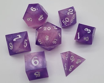 Handmade Resin Dice Set: Twilight Bloom, Two-Tone Purple Pink with White Ink