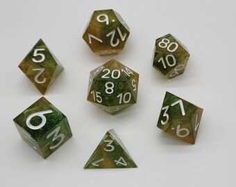 Handmade Resin Dice Set – Verdant Gild | Green & Gold Color-Shift Dice (One-of-a-Kind)