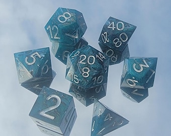 Handmade Resin Dice Set – Blue Sea Marbling with Pearl White Ink (Tideborn)