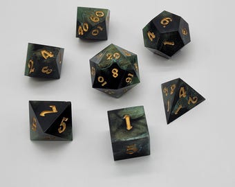 Handmade RPG Dice Set | Emerald Eclipse Black & Green Resin Polyhedral