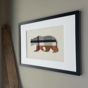 Modern Bear Wall Hanging Art, Gray and Orange Flannel Bear, Mountain Themed Decor, Gift for Ski Lovers, Bear Cabin Art, 18x22&quot; Frame
