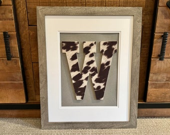 Cowprint letters, Cowboy nursery art, Framed western initial for family, 18x22"