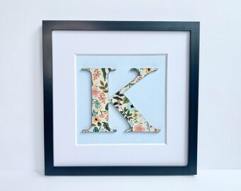 Framed Floral Letter for Nursery or Home, Hanging Initial, Custom Gift for Girl, Herb Garden on Blue Herringbone, Personalized Home Decor